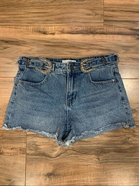 Women’s Austin Landing Blue Denim Cutoff Shorts Double Western Belt Buckle Waist
